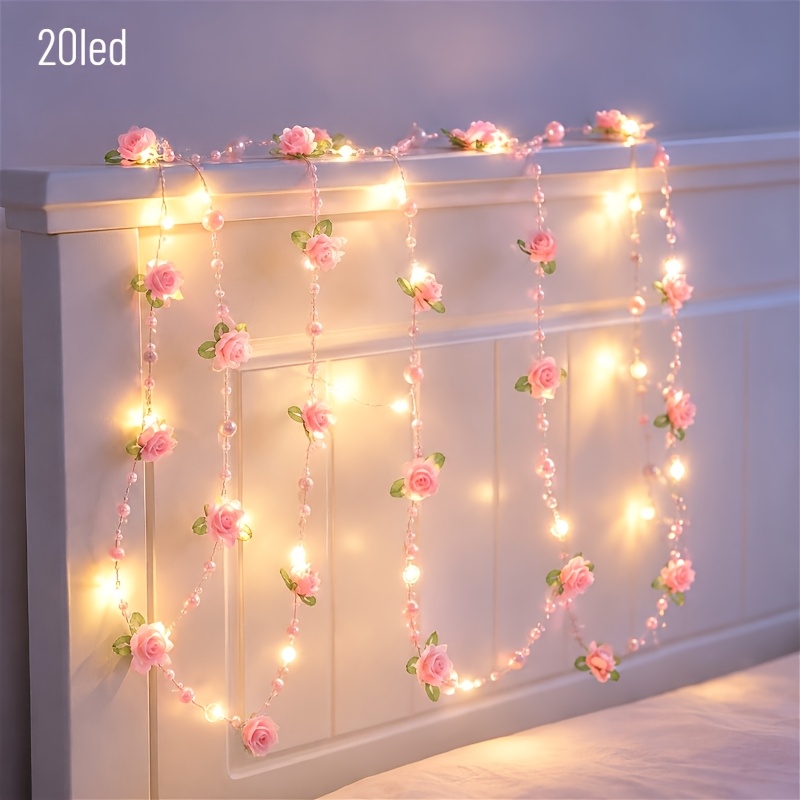 TEMU 200cm/78.74 Inch Led Pink Pearl String Lights | Pink With Green Leaves, Valentine's Day, Office Decor, Indoor Decoration, Displays, Bedroom,
