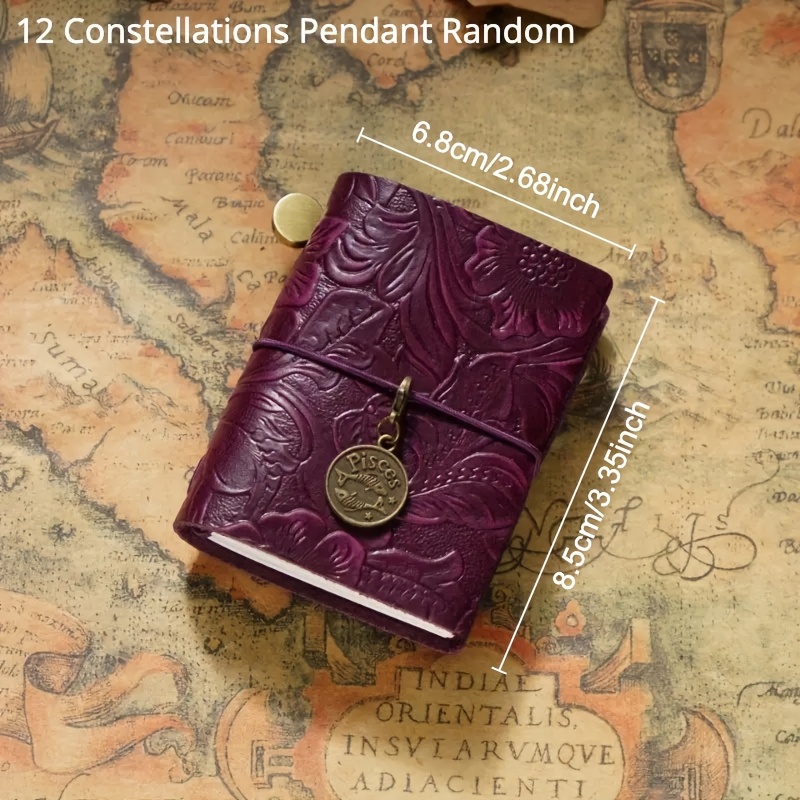 Image of Organized : Mini Vintage Refillable Loose Leaf Notebook With Carving Flower And Constellation Pendant, Genuine Leather Pocket For Travelers (1pc Constellation Pendant Decor Random)