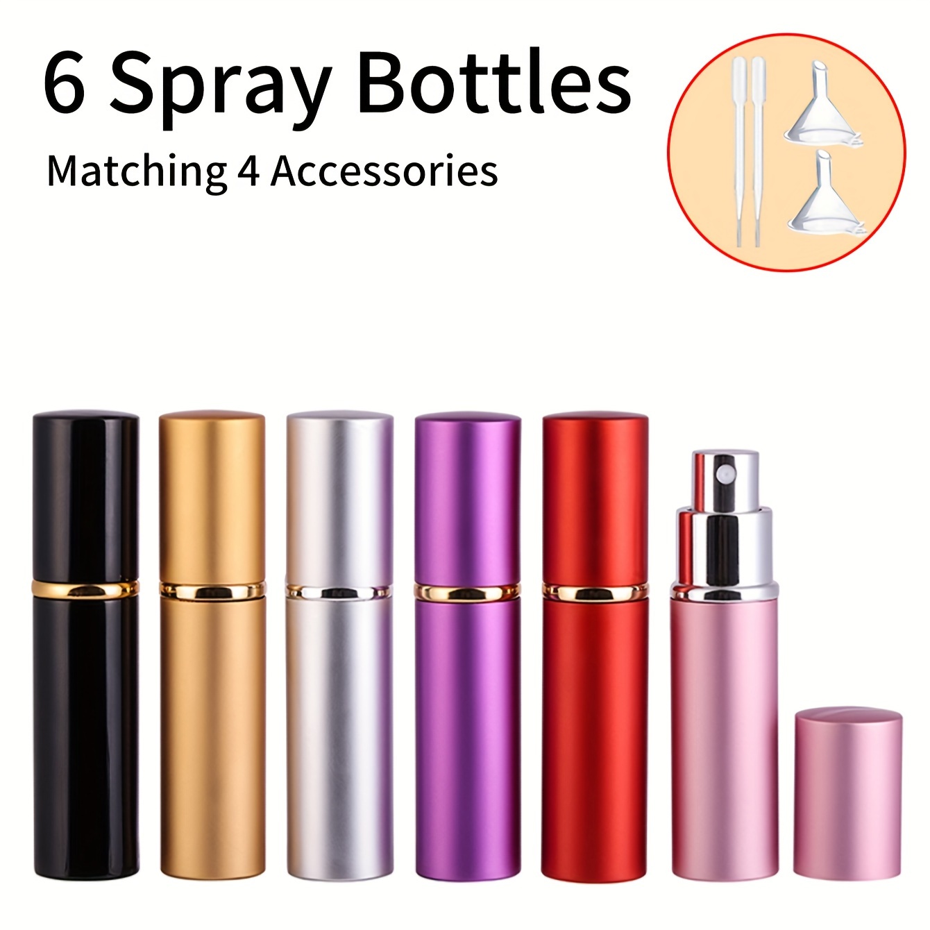 

6pcs+4 Accessories 5ml Portable Mini Refillable Perfume Aftershave Spray Atomizer Empty Spray Bottle, Includes 6 Spray Bottles, 2 Funnel, 2 Dropper, Suitable For Travel Bag