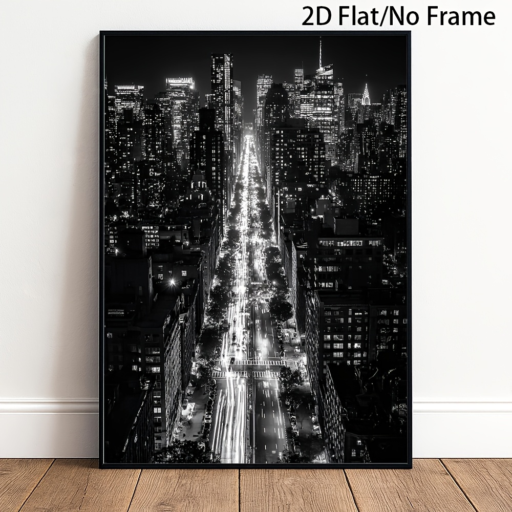 TEMU 2d Flat, 1pc City Poster - Vertical Wall Art Suitable For Home, Office, Cafe Decor | Frameless Black & White Canvas Print With Iconic Nyc Night