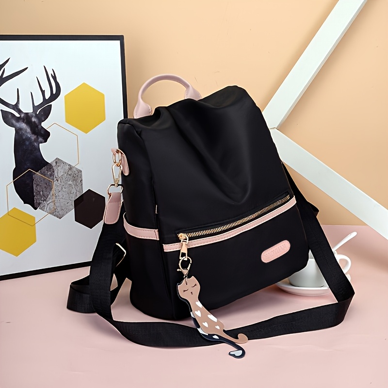 

Large Capacity Women's Anti-theft Backpack - Stylish Black Nylon Handbag With Pink Accents, Shoulder Bag For School, Travel, And Use