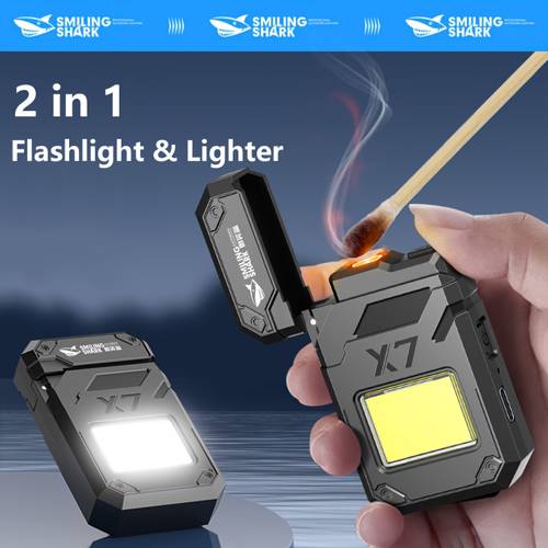 electric dual flashlight multi functional cob flashlight lighter portable windproof flameless lighter mini torch light for camping lighting outdoor survival adventure