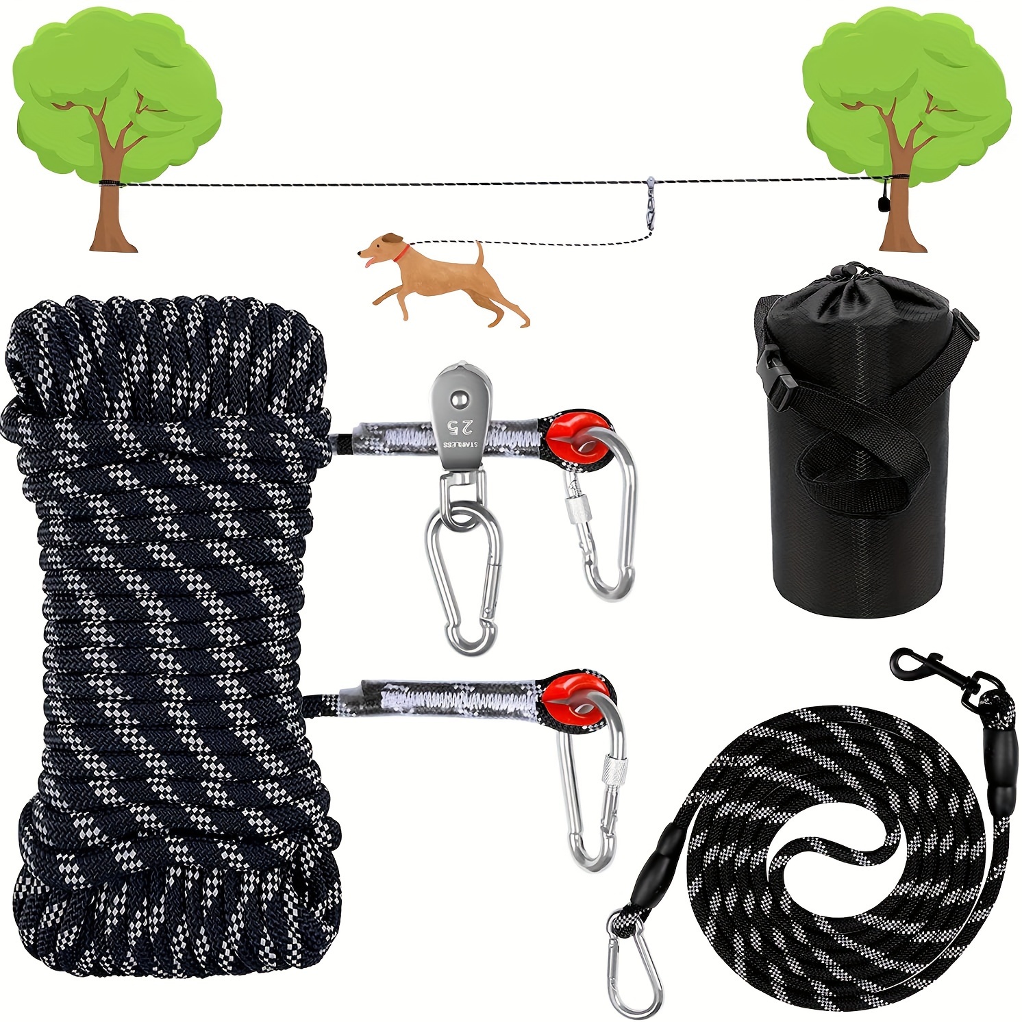 

Dog Tie Out Cable For Camping, 75ft Portable Overhead Trolley System With 10ft Runner Lead For Dogs Up To 200lbs, Portable Reflective Dog For Yard, Park And Outdoor (black)