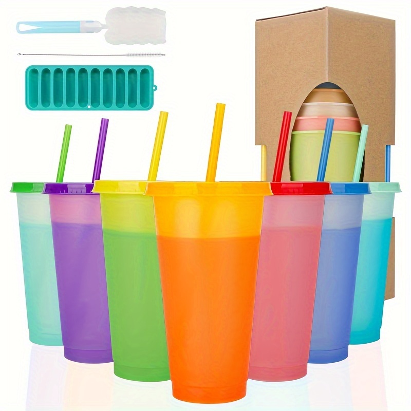 

Color Changing Tumblers With Lids, Straws, Cleaning Brush & Ice Cube Tray - 7 Reusable Bulk Tumblers Plastic Cold Cups For Adults 24oz Tumblers