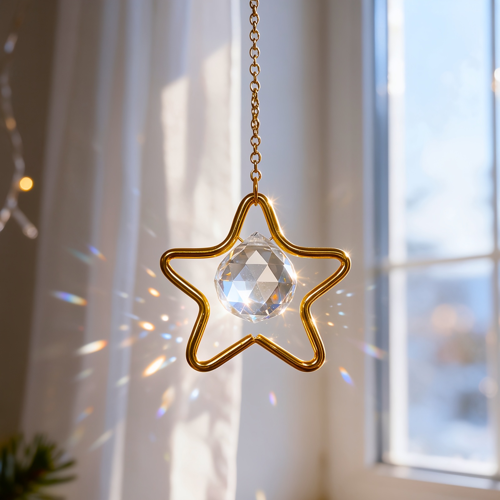 TEMU Christmas Ornament, Golden Metal Star Frame With Transparent Crystal Prism, Festive Christmas Tree Decoration, Suitable For Christmas Tree,