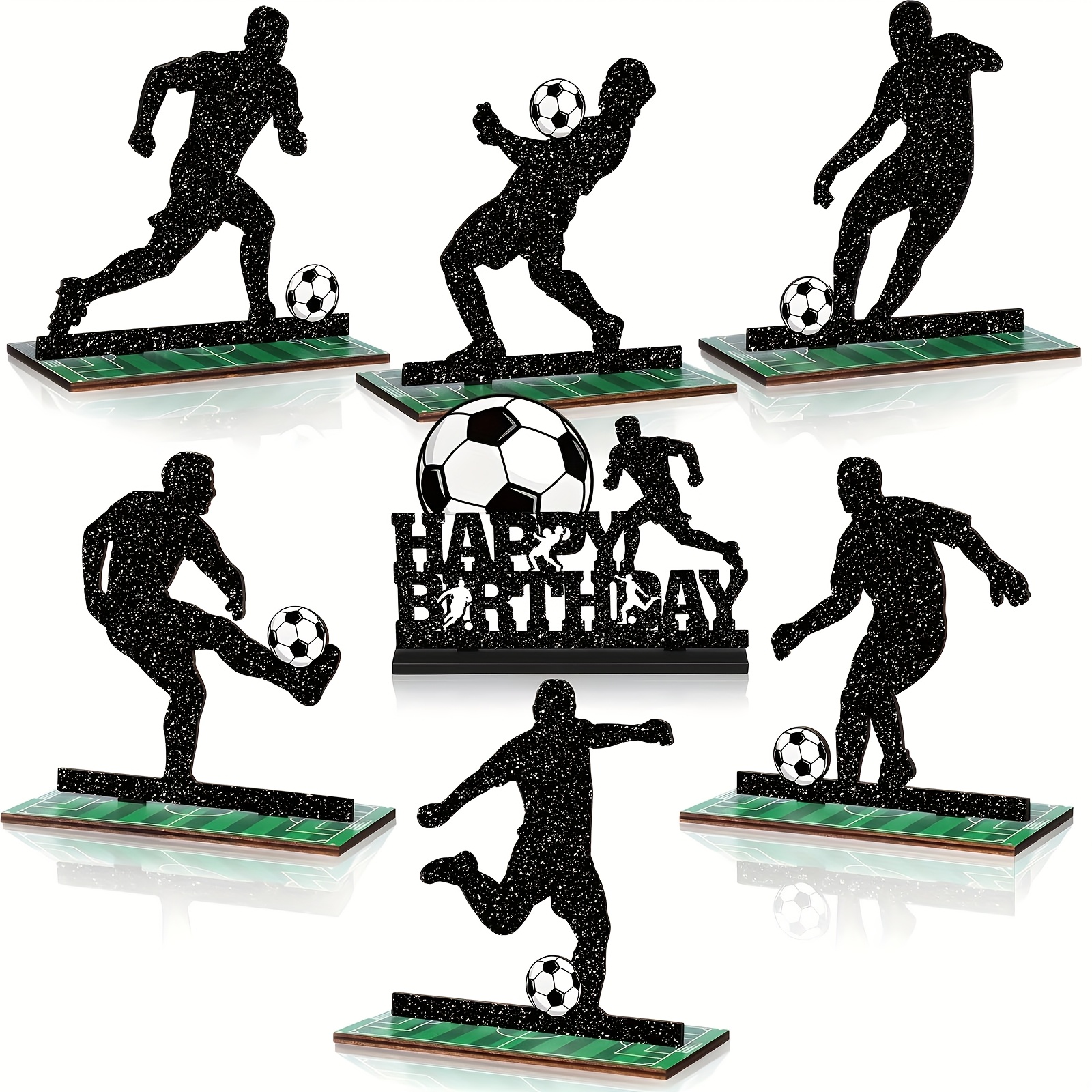 7pcs of football tabletop decorations center decorations football happy birthday wooden logo football player silhouette removable football fan gifts club sports themed party supplies