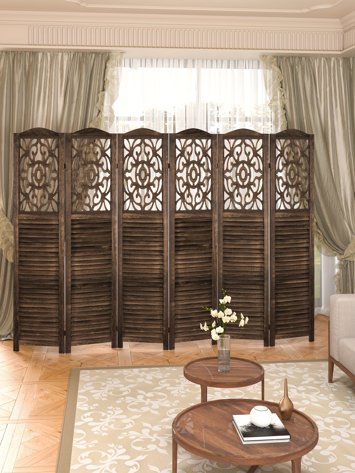 4/6 Panel Room Divider, 5.58 FT Folding Privacy Screen Room Separation, Freestanding Partition for Home Office Garden, Wood Carved Portable Room Divider Panel, Antique White/Rustic Brown