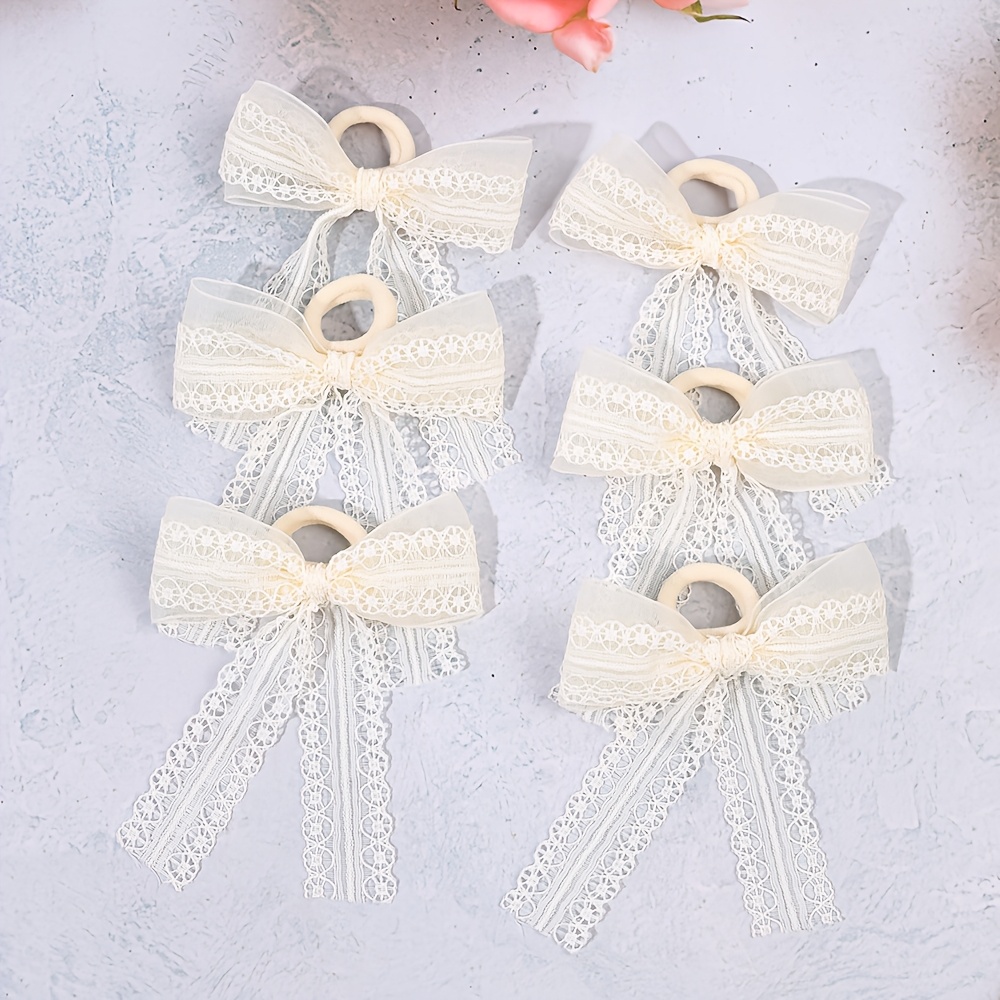 TEMU 6pcs Elegant Style Lace Bow Hair Ties, Cream White Bows With Long Lace Tassels For Daily Wear, Casual Brunches And Photo Shoots