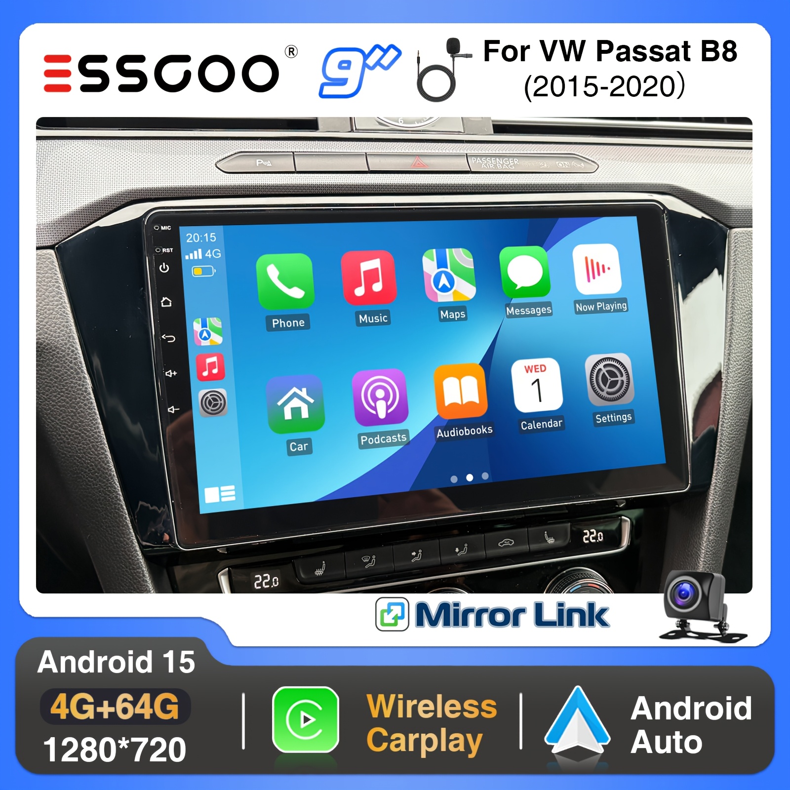 Essgoo 15 4+64g Auto Radio For Vw B8 2015-2020 (frame Included) Car Stereo 9 Inch Ips Screen With , Auto, Fan Cooling/ Gps/ Wifi/ Fm/ Rds/ Usb/ / / Steering Wheel Control/ Wireless