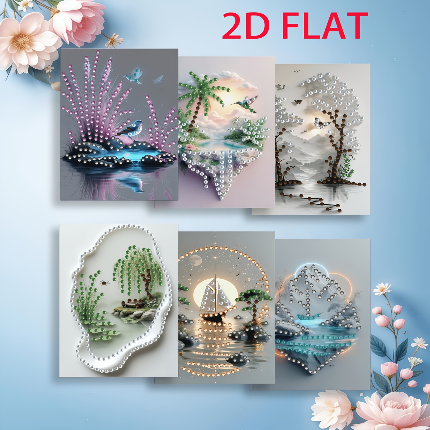 TEMU Original Novelty Product - 6pcs 2d Flat Landscape Scenery Theme Diamond Painting Greeting Cards, Sparkling Rhinestone Embellishment, A Casual,