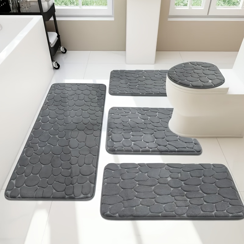 5pcs Pebble Embossed Anti-slip Bath Mats, Assorted Absorbent Rugs, Complete Carpet Set With Round Toilet Lid And U-shaped Toilet Mat, Elegant Rectangular Design, Non-slip Quick-dry , Decor Accessory