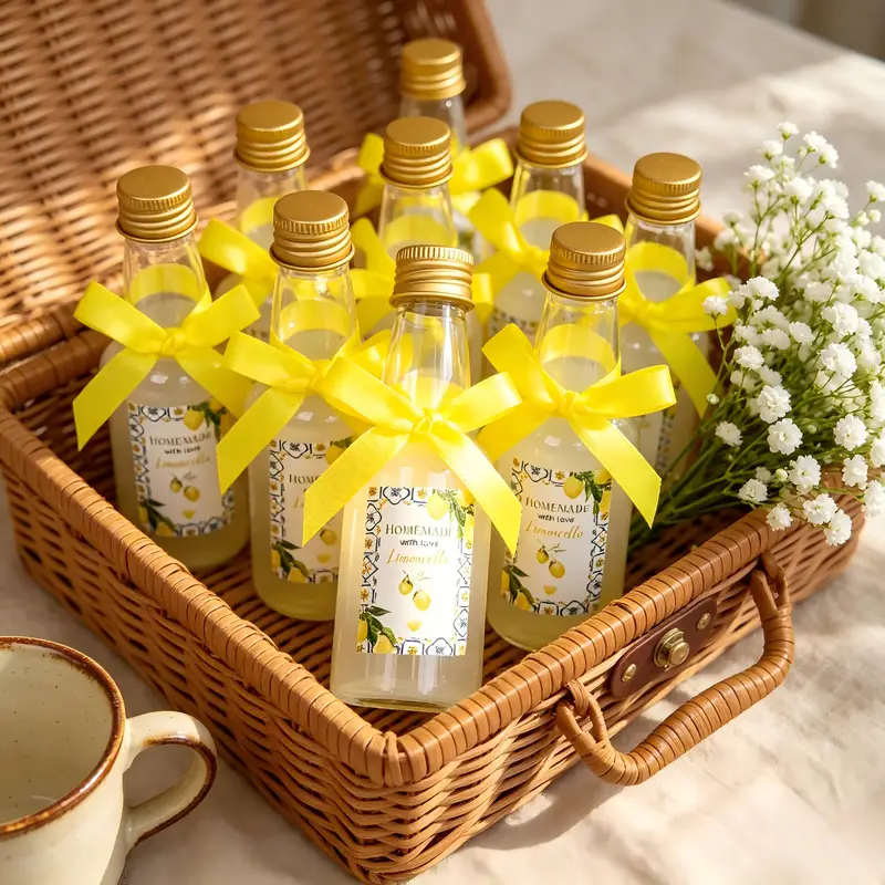 50er-Pack Mini-Spirituosenflaschen Party-Set, 60ml Flaschen mit Zitronenaufklebern, sichere goldene Deckel und Trichter * für Hochzeitsfeiern, Geburtstagsfeiern, Brautpartys, Büroveranstaltungen und