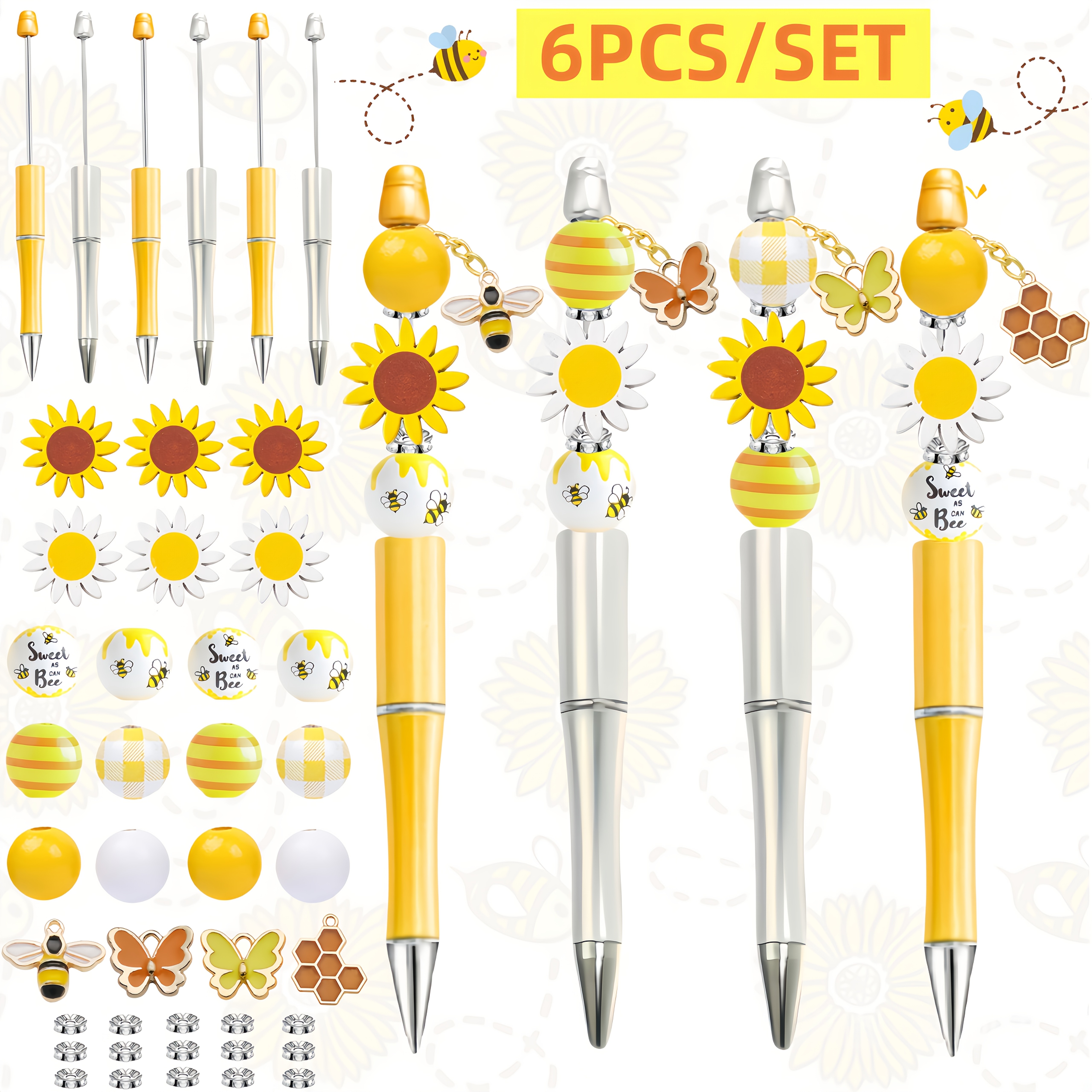 TEMU 6pcs/12pcs New Sunflower Bee Spring Theme Diy Beaded Ballpoint Pen And Bee Bead Charm Set, Great Birthday Gift For Office And School Supplies