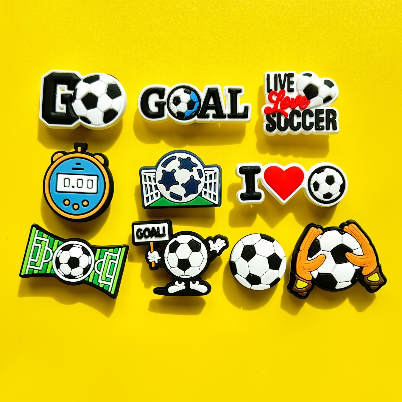 

10pcs Pvc Soccer Charms Set, Assorted Football Themed Pins, Cute Sports Enamel Pins, , Gloves, Timer, Ball Decorations For Diy Fashion Accessories