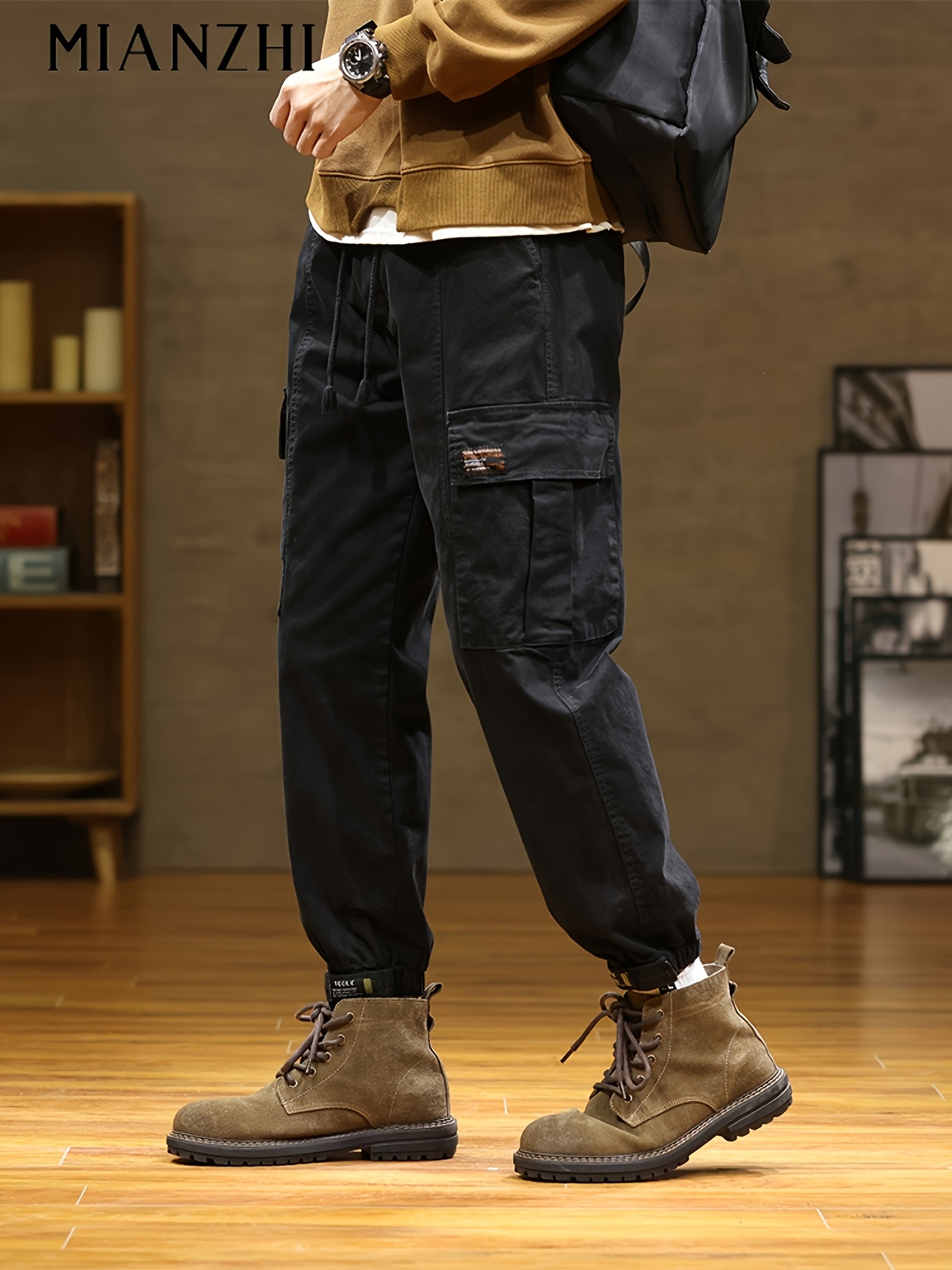   Men S Cargo Pants with Adjustable Drawstring Waist - Durable, Multi- , Comfortable Loose Fit for Casual & Outdoor Wear, Brown, Spring/Fall, Everyday Cargo Pants | Adjustable Waistband | Durable Fabric