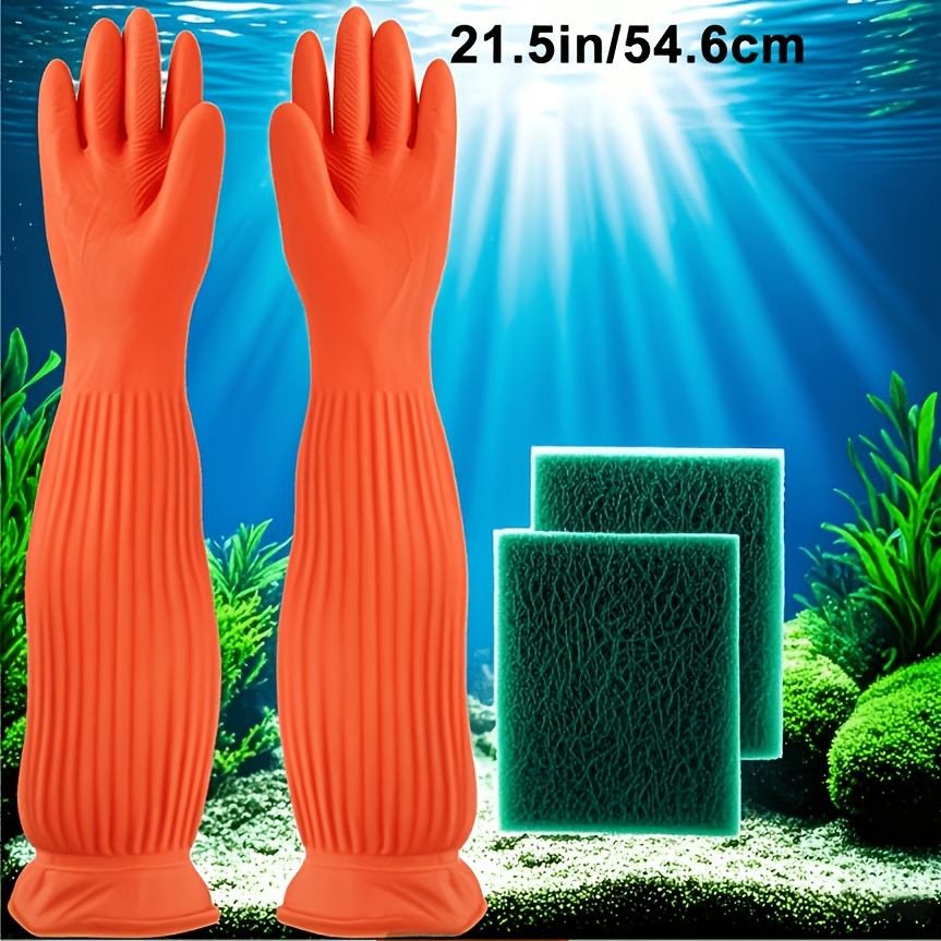 Image of 21.6 Inch Aquarium Cleaning Gloves Long Sleeve - 4pcs Household Set With 2 Scrub Sponges, Non-slip & Reinforced (dishwasher Safe/fish Tank/laundry)