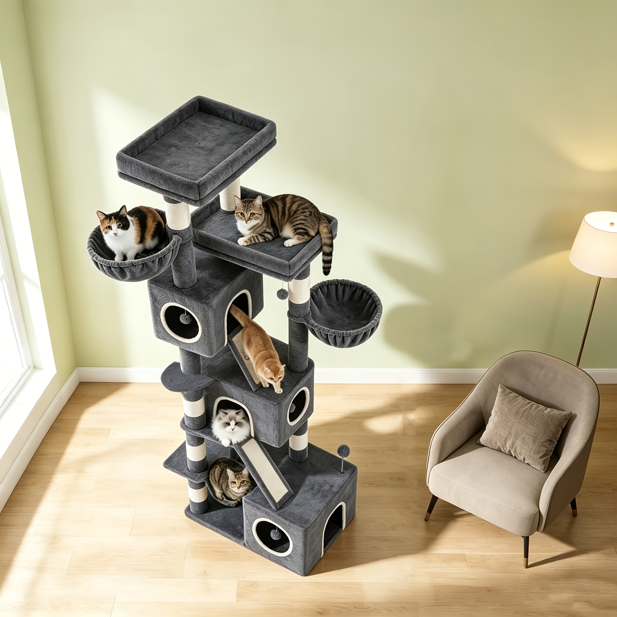 211cm Tall Multi-cat Tree | 3 + 2 Platforms, Large Cat Activity Space, Extra-large Cat Room, Extra-large Platform