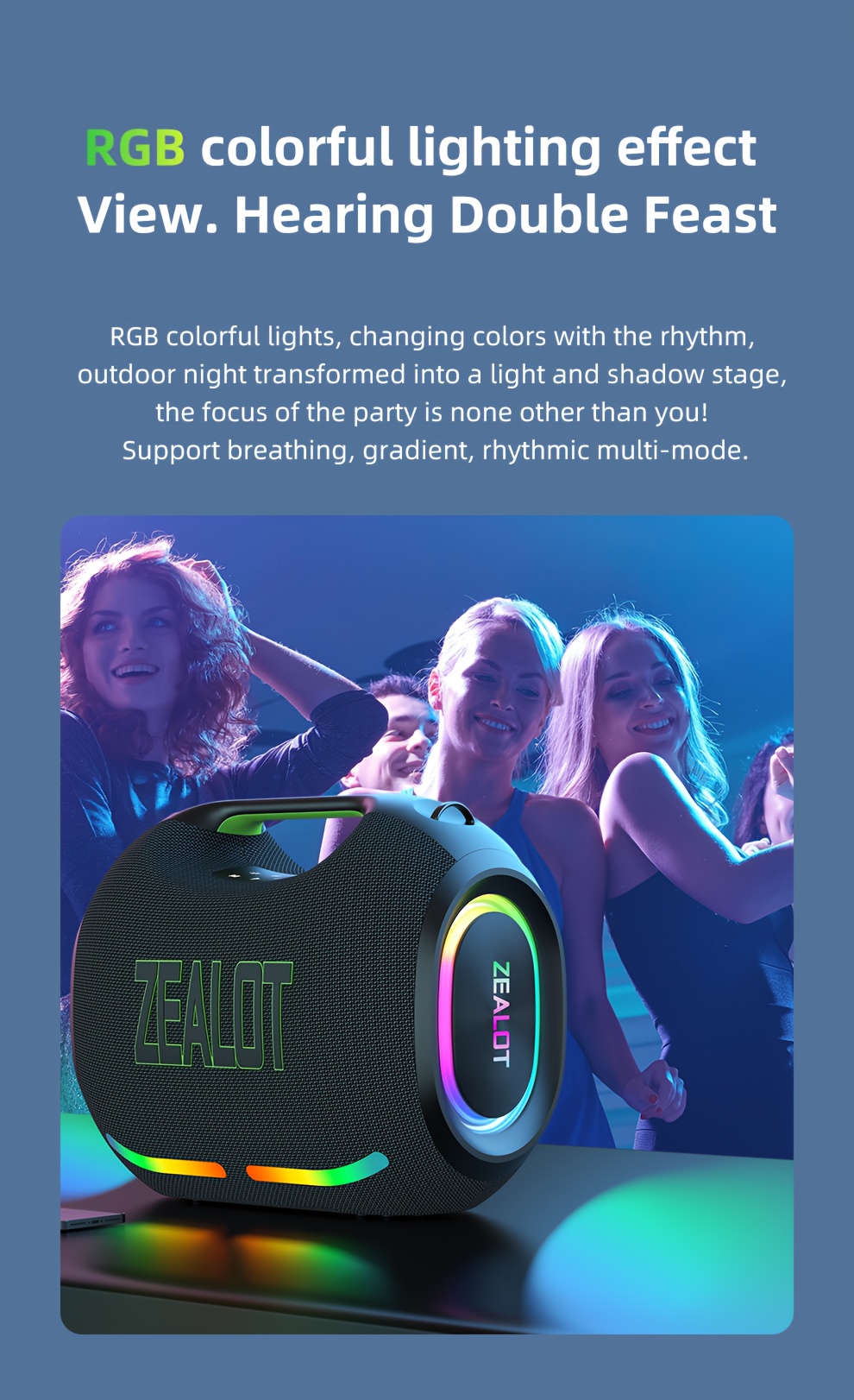   ze21 250w high power wireless speaker portable for outdoor use with 5 speakers built in 48000mah battery rgb color lights compatible with sd usb aux supports two serial speakers hands free calling supports mobile tablet tv computer Product details 6