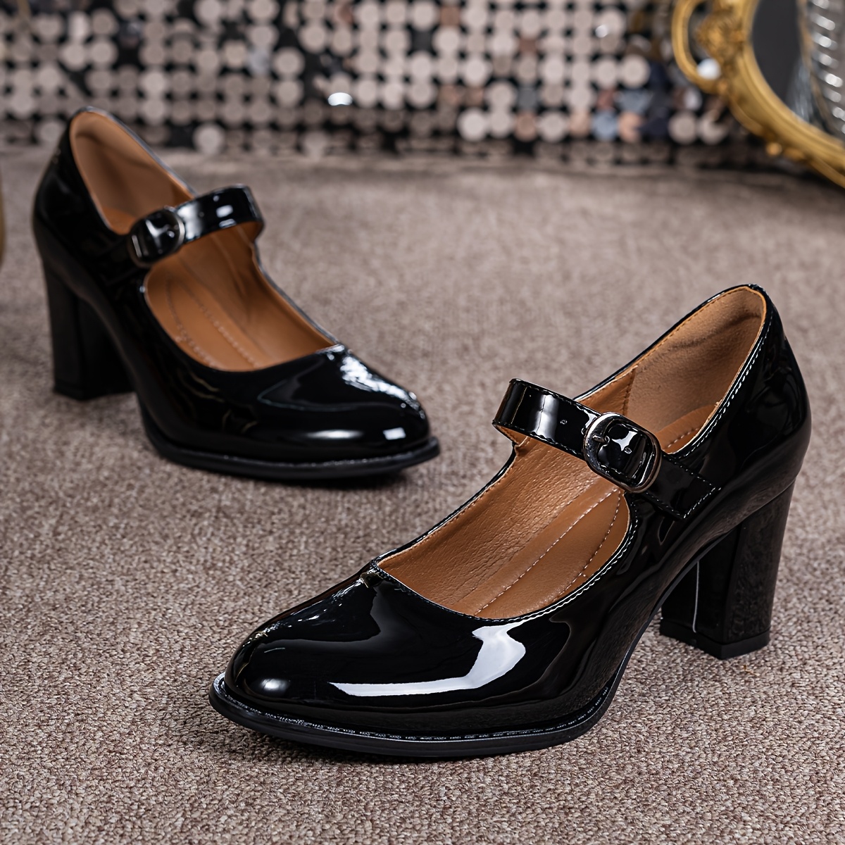 Ladies' Low-Cut Chunky Heel Round-Toe Shoes, Featuring a Comfortable And  Stylish Patent Design, Versatile Strap, Suitable for Work And Special