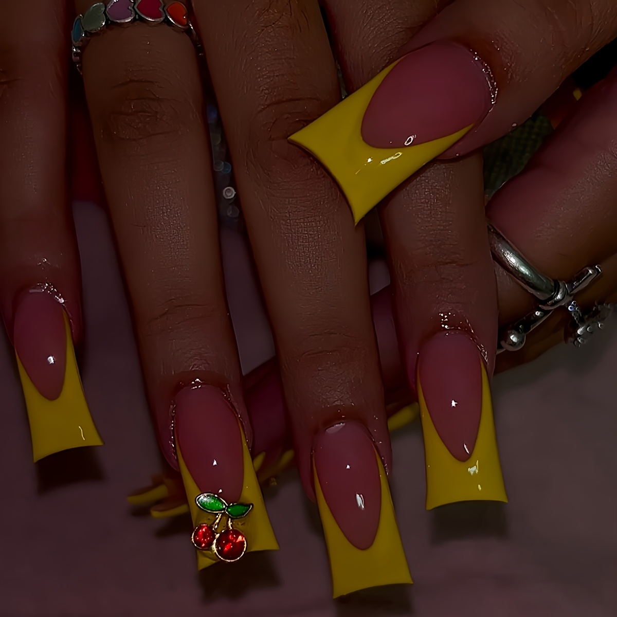TEMU A Set Of 24pcs Duckbill-shaped Press-on False Nails In And Yellow, Featuring Lace, Sweet Three-dimensional Cherries. Suitable For And. The Box