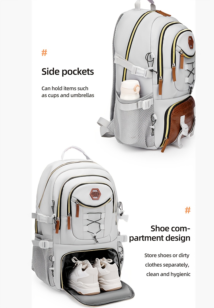 [Large Capacity Hiking Backpack] 10.57 Gallon Large Capacity Hiking Backpack with Shoe Compartment & Laptop Sleeve - Durable Multi-Compartment Travel Backpack with Padded Shoulder Straps, Padded Back Panel & High Quality Design - Blue/Grey/Tan for Camping, Business Travel, School - Ideal Gift for Outdoor Adventurers (36-40L)