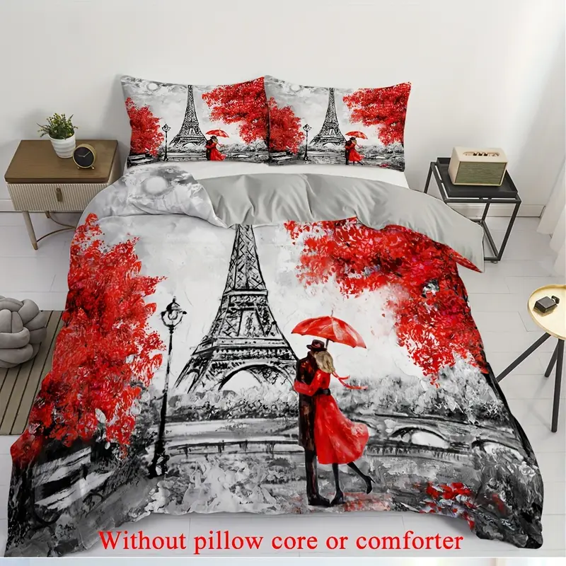 2 3pcs 1 duvet cover 1 2 pillowcase without core romantic france tower valentines day rainy romantic couple print soft comfortable bedding set for bedroom dorm room family gift Product details 4