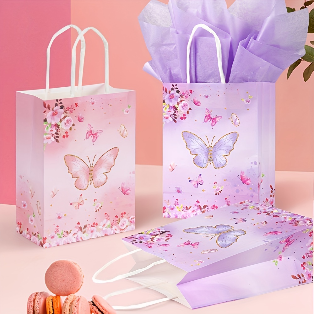 

16 Pieces Butterfly Party Favor Bags, Pink Bags; Small Paper Bags With Handles And Tissue Paper For Girls Butterfly Birthday Party Supplies