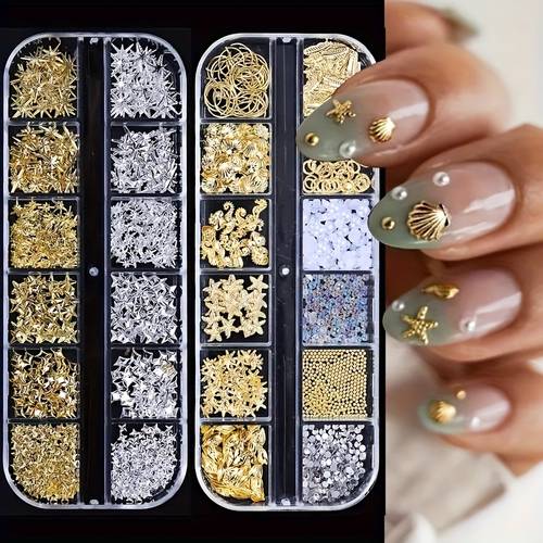 2 boxes 12 grids golden alloy stars 3d nail charms nail art metal alloy decorations shiny stars seashell mini beads bubbles manicure additions
