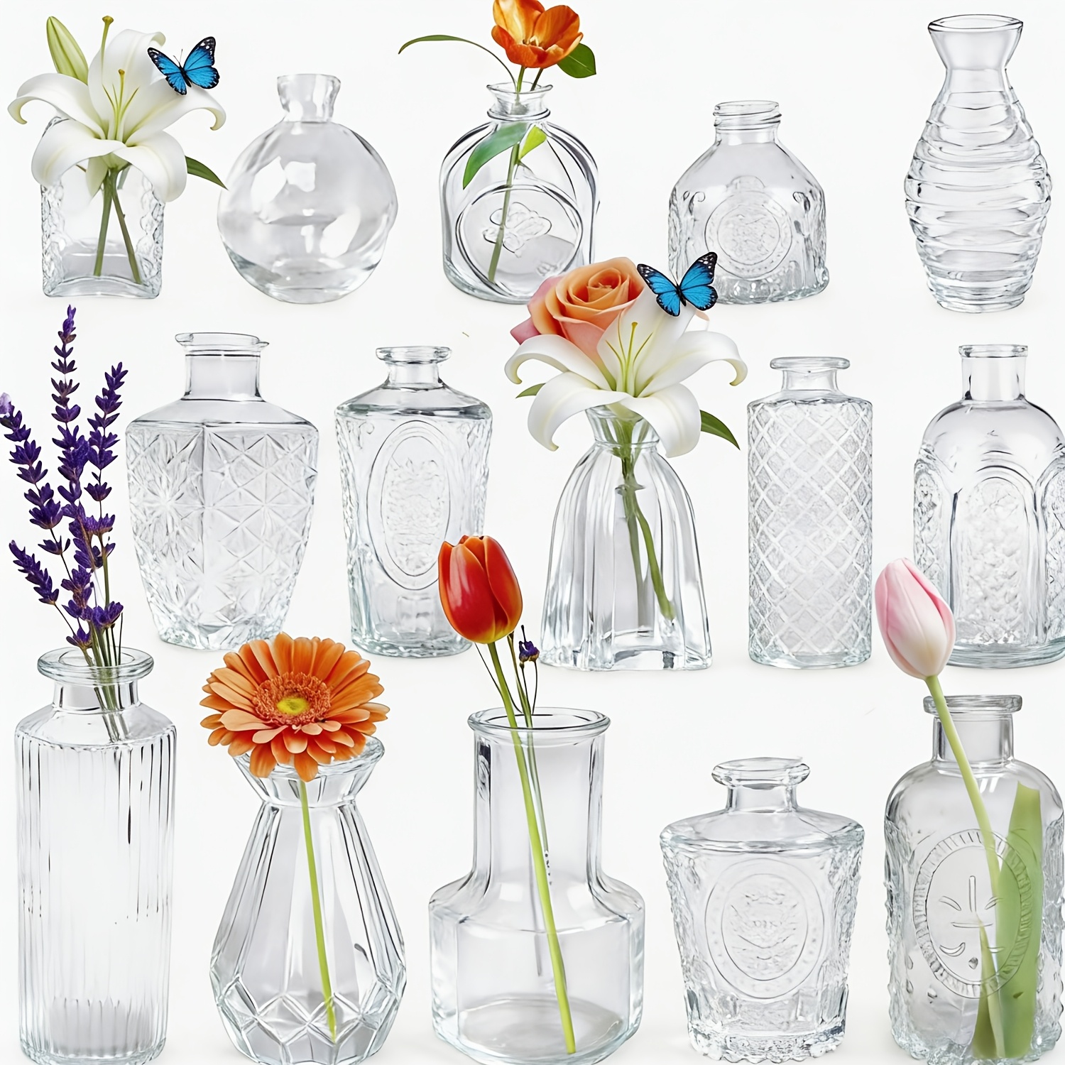 Image of Set Of 15 Transparent Glass Vases - Petite Vintage-style Vases, Ideal For Bulk Home Decor, Perfect For Centerpieces On Dining Tables, Wedding Celebrations, And Living Room Embellishments