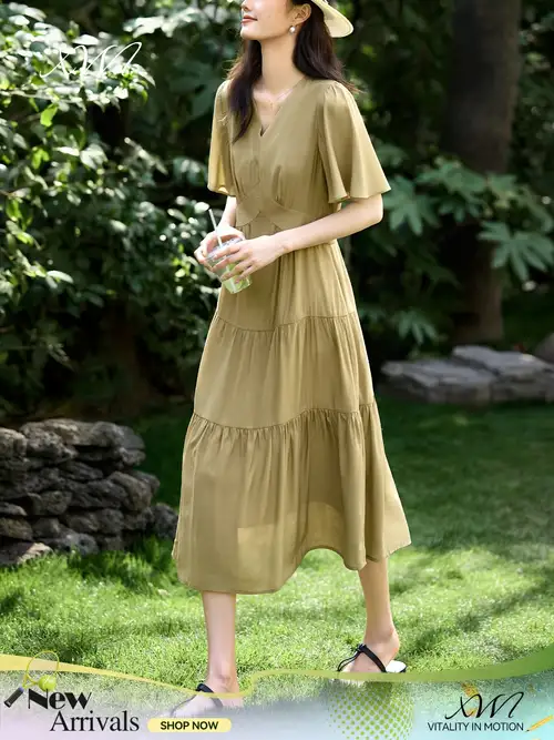 XWI * Spring/Summer New Casual Pleated V-neck Midi Dress | Flowy and Relaxed, Ideal for Vacation, Parties, Weddings, Bridesmaid XWI * Spring/Summer New Casual Pleated V-neck Midi Dress | Flowy and Relaxed, Ideal for Vacation, Parties, Weddings, Bridesmaid