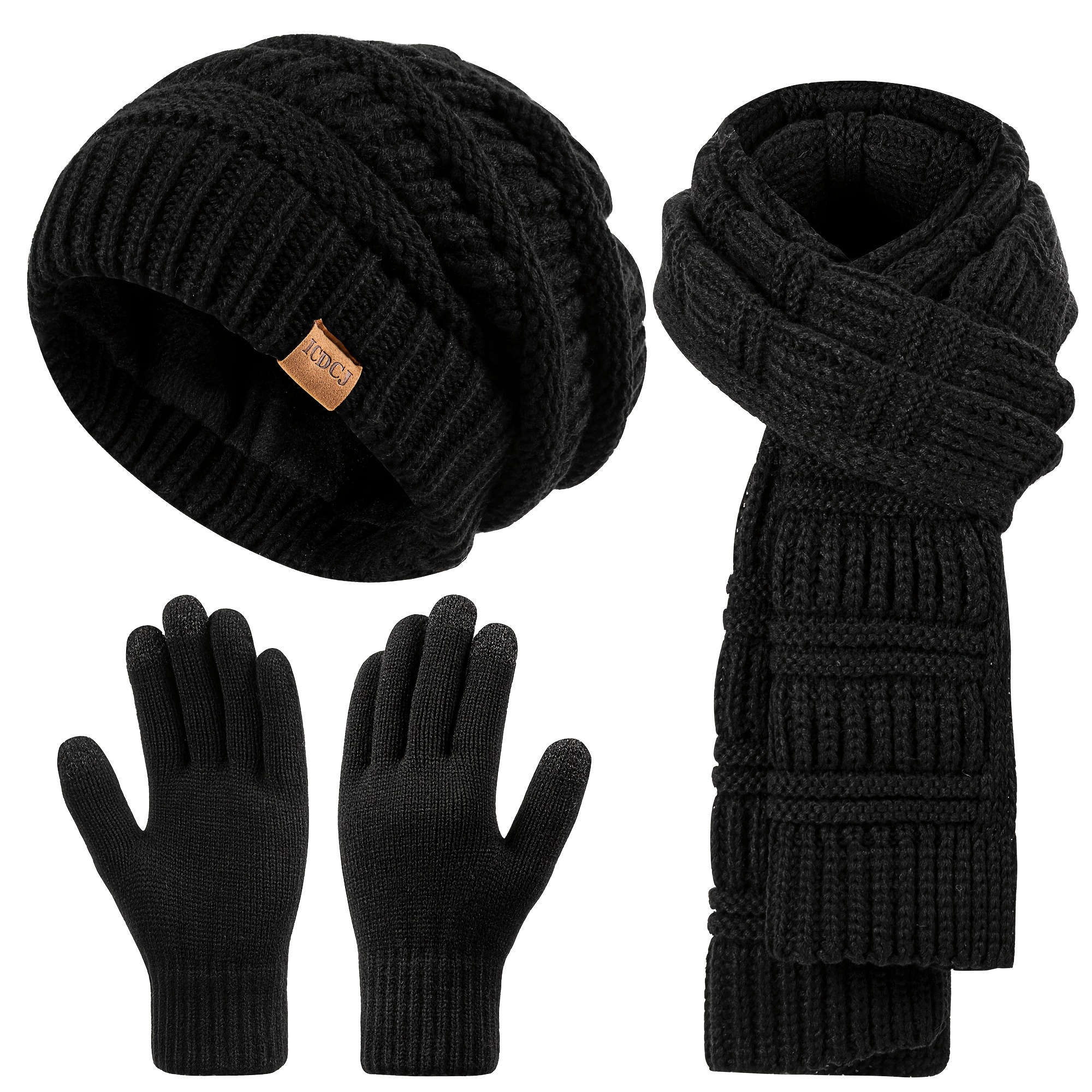 Womens Winter Knit Beanie Gloves Scarf Set Touchscreen Fleece Lined Warm Womens Cable Knit Beanie Hat Scarf Glove Set, Fleece Lined  main image 3