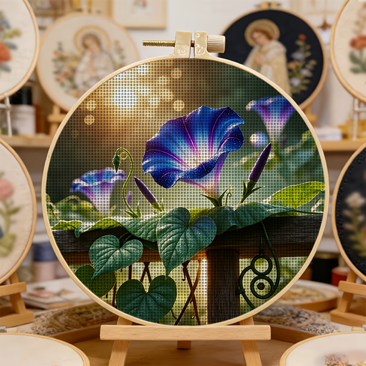 Round DIY Cross-Stitch Printed Kit with Hoop, Floral Design