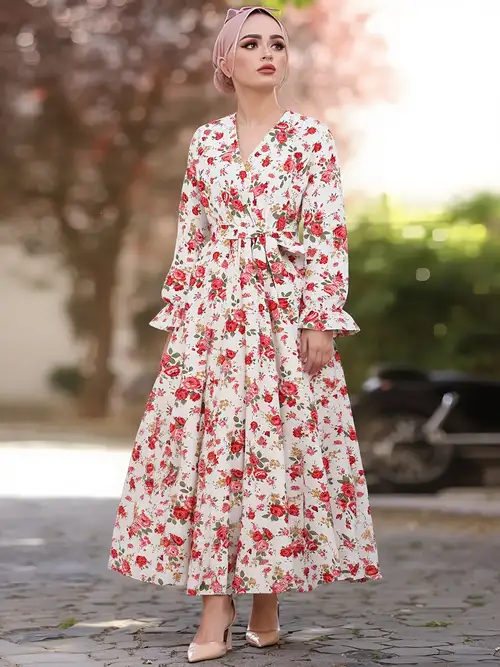 1pc elegant floral print v neck maxi dress women polyester a - Temu 1pc elegant floral print v neck maxi dress women polyester a - Temu