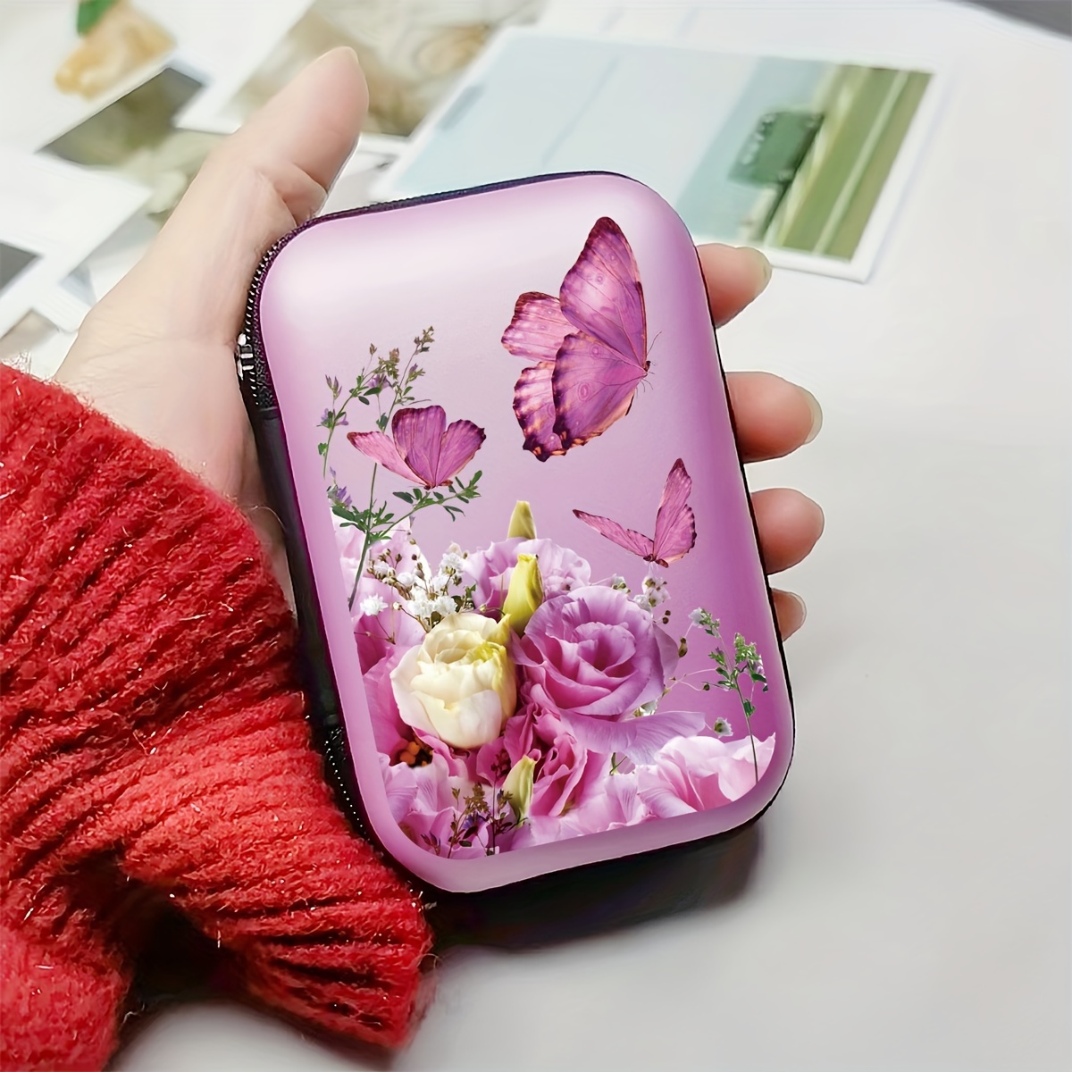 Image of Floral And Butterfly Pattern Eva Hard Shell Cable Organizer Case - Portable Electronics Accessories Storage Bag For Cords, Headphones, Jewelry - 1 Pack Pink Travel Pouch For Makeup, Coins, Gifts