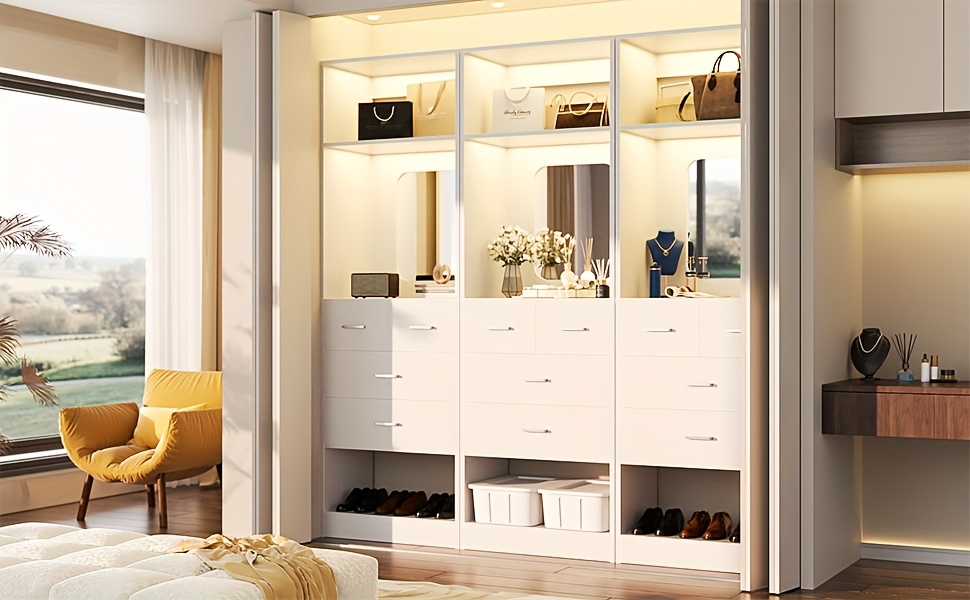 Unikito 25 Inch Closet System with 4 Drawers, 2FT Wood Closets Organizer with Storage Shelves And Mirror Design, Freestanding Sturdy Walk in Closet Tower for Bedroom, 25