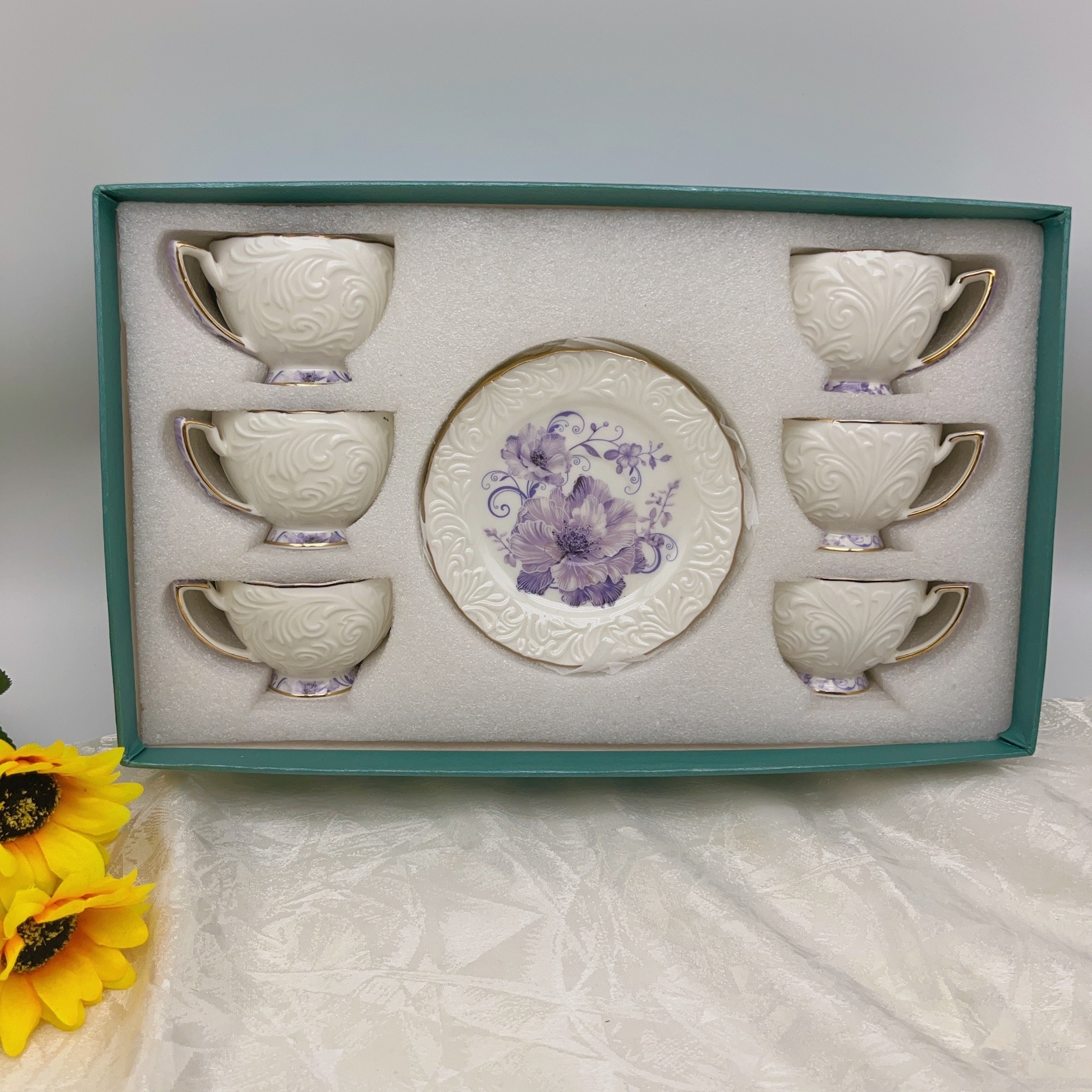 Image of 6pcs European Relief Rose Tea Exquisite English Espresso Cup And Saucer Set (6 Cups 6 Saucers) Gift Box 90ml