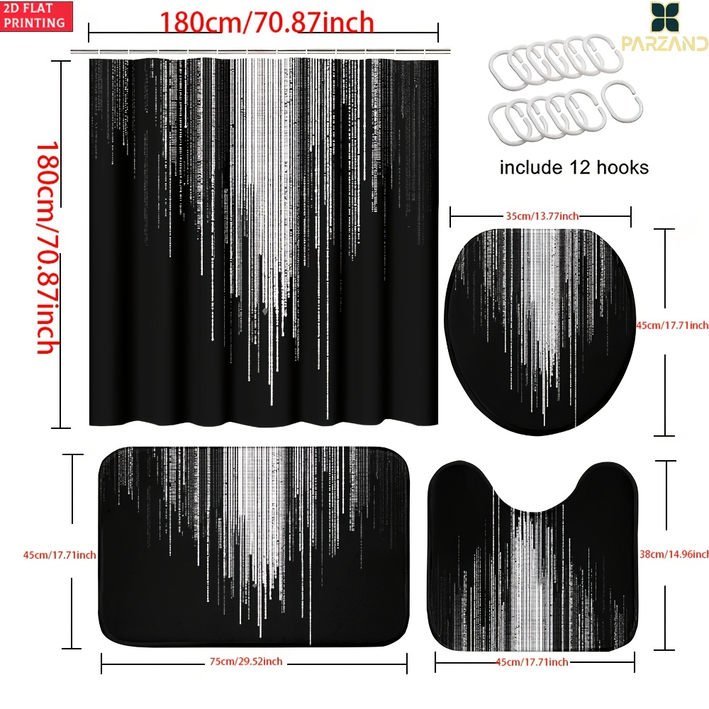 4pcs Falling Digital Code Streaks Shower Curtain Set with Hooks
