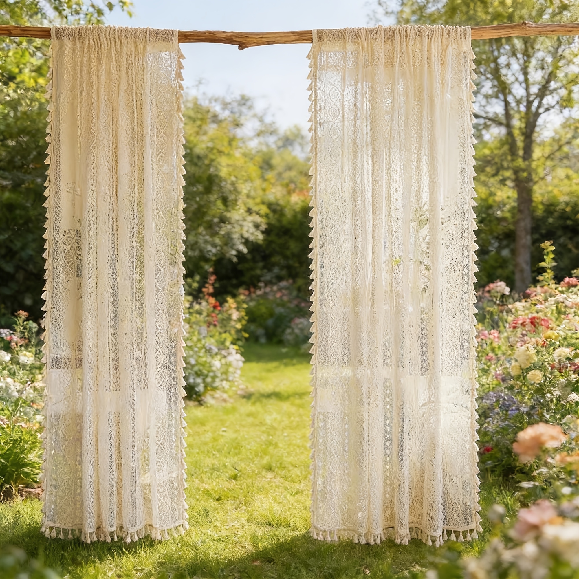 E-shop 2er-Set, böhmische Sonnenschutz-Vorhänge im Outdoor-Stil für die Terrasse, mit schicker passender Spitzenborte, leichter kostengünstiger Stoff,