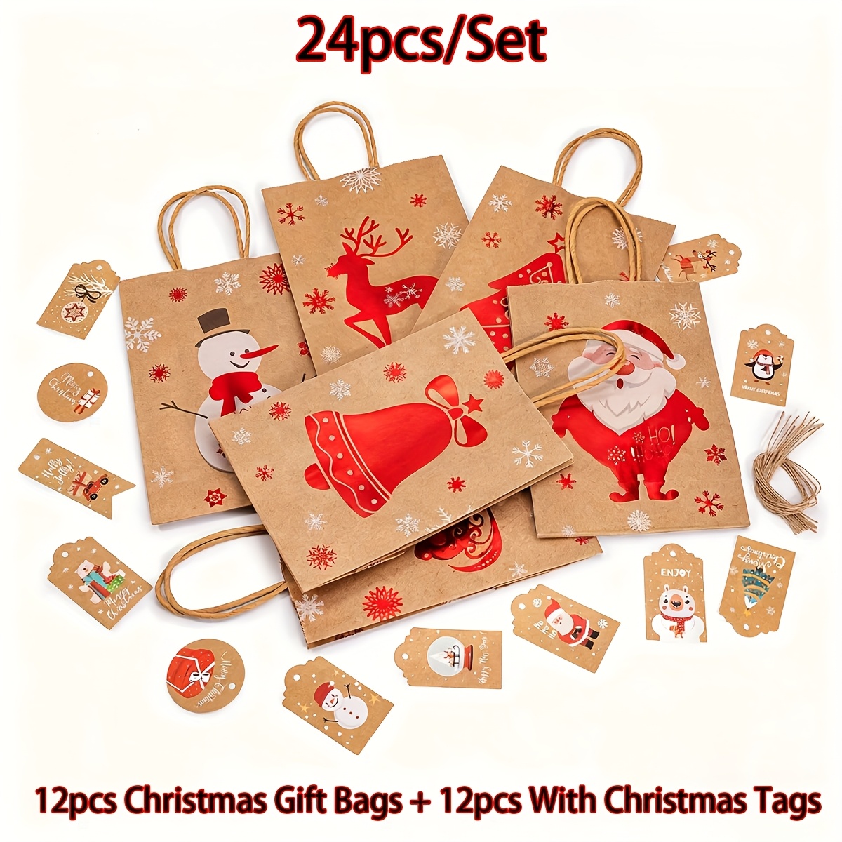 Image of 24pcs/set Christmas Paper Gift Bags, Small Treat Bags With Presents Tags, Christmas Paper Gift Bags With Handle, Christmas Holiday Gift Bags For New Year Party Favors