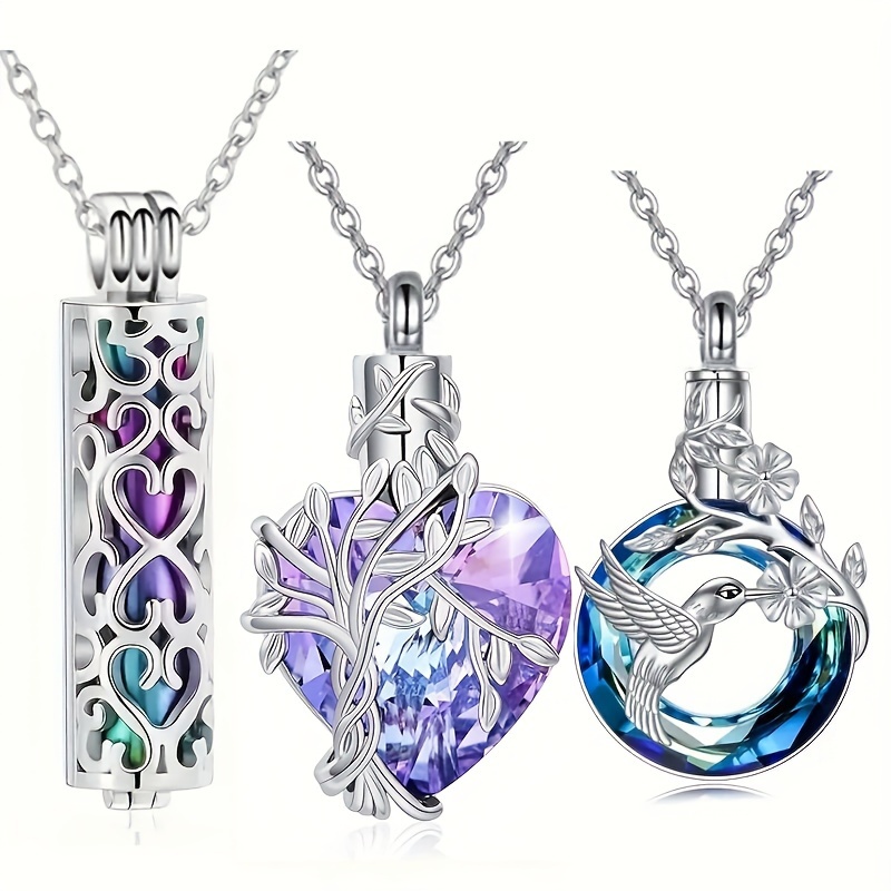 TEMU 3 Pieces Urn Necklace For Ashes Tree Of Life Cylinder Jewelry Heart Urn Necklace Hummingbird Memorial Urn Pendant For Women Men Autumn Decorate