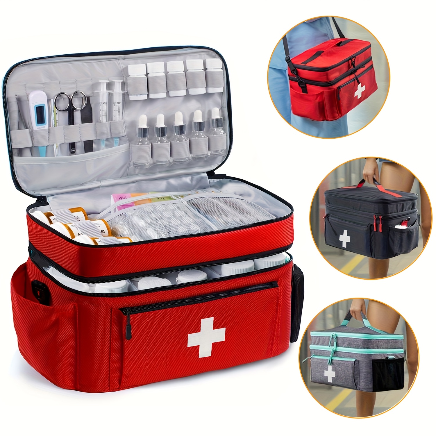 TEMU Large Travel Medicine Bag Organizer-41*24*16 Cm, Double Layers Pill Bottle Organizer Storage With Adjustable Divider, Travel Emergency Kit With