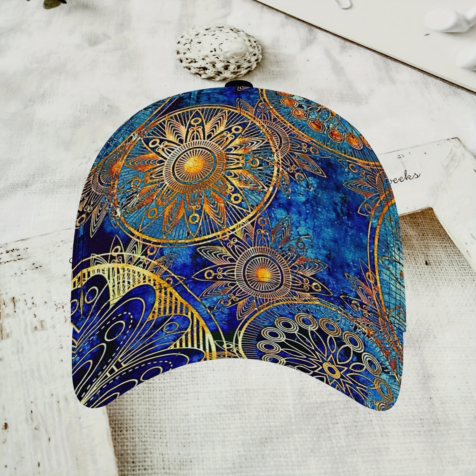 TEMU Blue Mandala Baseball Cap Adjustable Snapback Lightweight Breathable Unisex Hat For Outdoor Activities, Sun Hat With Vibrant Design, Machine