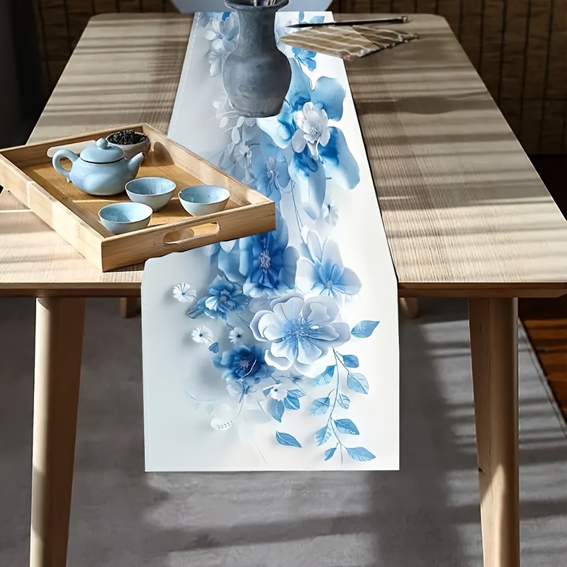 

1pc Elegant Blue Floral Table Runner - Linen Runner, Suitable For Dining Table And Coffee Table, Party And Decoration