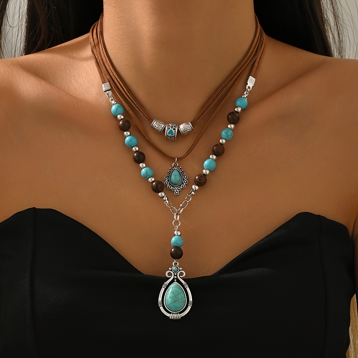 TEMU Collar bohemio vintage multicapa de cuentas para Europa y América, cadena de clavícula minimalista con diseño único, cadena de cuello versátil