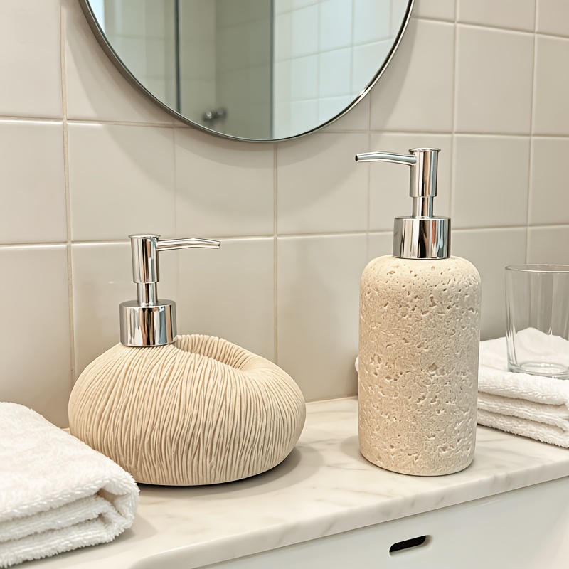 Wabi-Sabi Stone Shape Liquid Soap Dispenser, Ribbed Textured Refillable Lotion Pump Bottle, Decorative Hand Soap Dispenser for Bathroom Kitchen Countertop, Gray/Beige