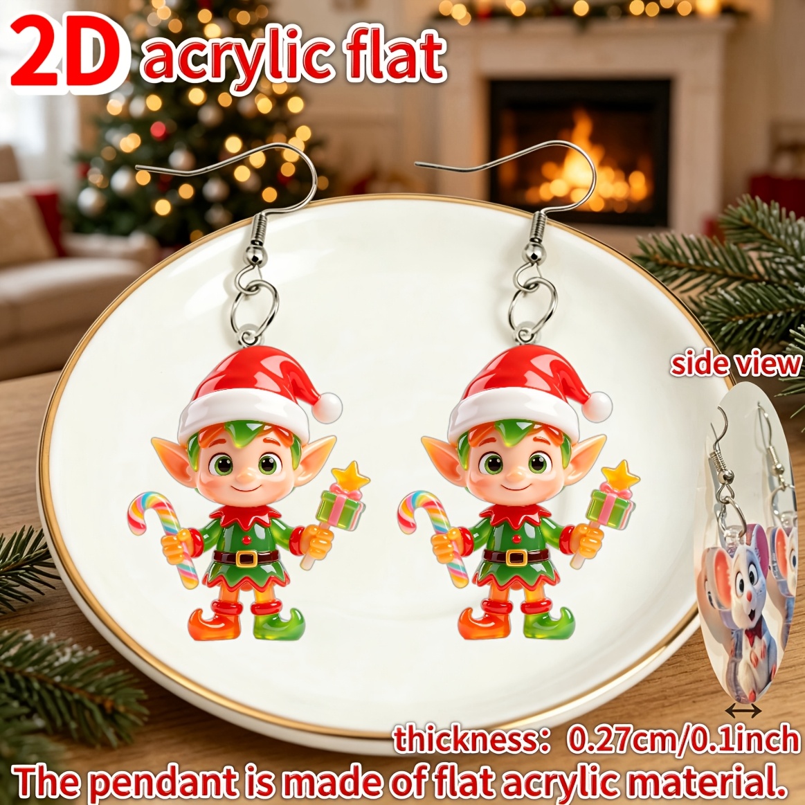 2D Flat Christmas Elf Acrylic Earrings, Cute Girly Style