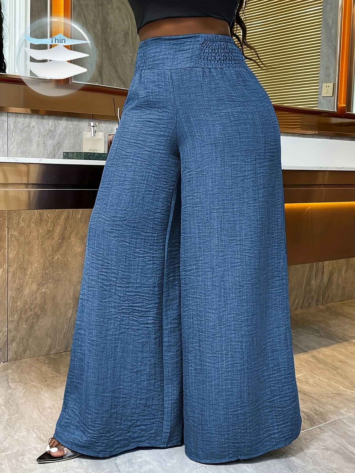 Women'S Casual Wide Leg Pants, Elastic Waist, Solid Color, Polyester 100%, Loose Fit, Long Length, Woven Fabric, 200g/m², for Spring/Fall, Weekend Casual Wear