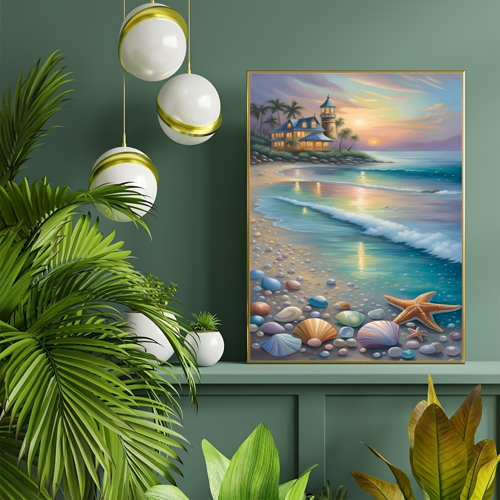 

Diamond Art Painting Kit With 5d Effect Featuring Sunrise Beach, Shells, Suitable For Diy In Living Room, Bedroom, Office.