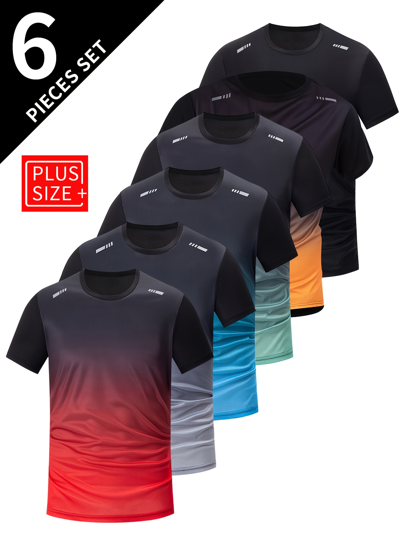 6pcs Men S Plus Size Short Sleeve T-Shirts - Breathable   Athletic   with Gradient  , Loose Fit Round Neck for Running, Fitness & Training, Black, Navy Blue, Light Blue, Orange, Green, White, Plus Size Tshirts, PLUS SIZE