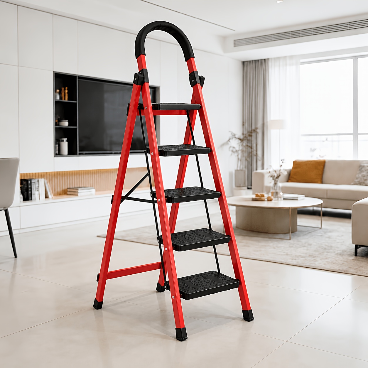 TEMU 500 Lbs Heavy Duty Folding Step Ladder, Steel Step Stool With Wide Anti-slip Steps, Safety Handrail & Locking System, Portable Ladder For Home,